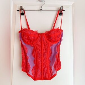 Urban Outfitters Corset Red Lace Bustier with Lavender Sheer Panels
